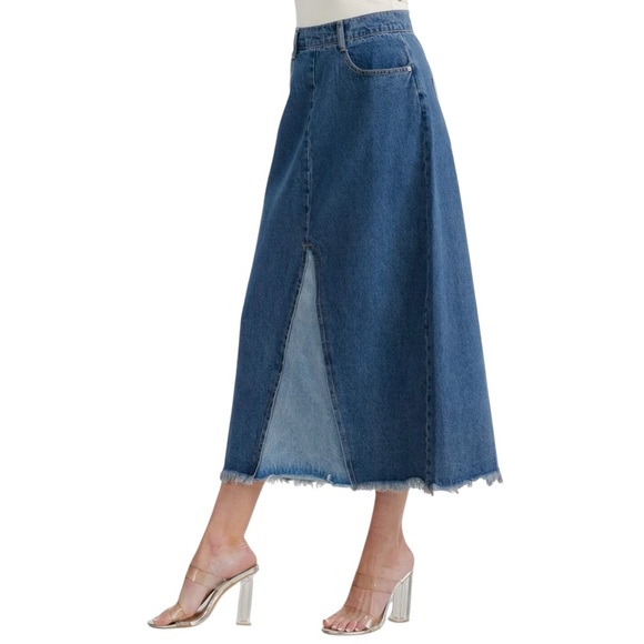 PATCHWORK BLUES BUTTON 2-TONE DENIM MIDI SKIRT - Picture 1 of 7